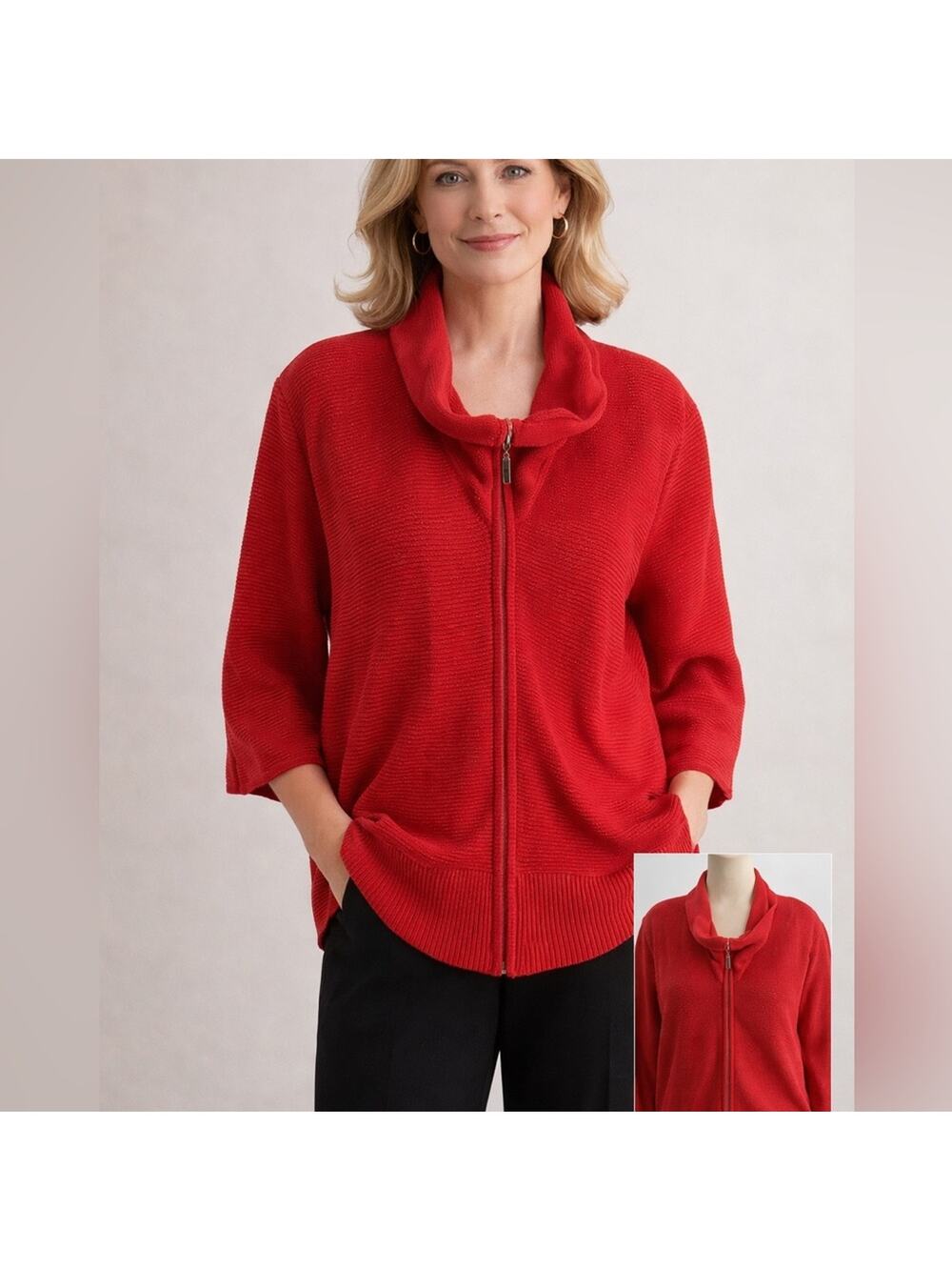Exclusively Misook Cardinal Red Textured Knit Zip Front Jacket XL